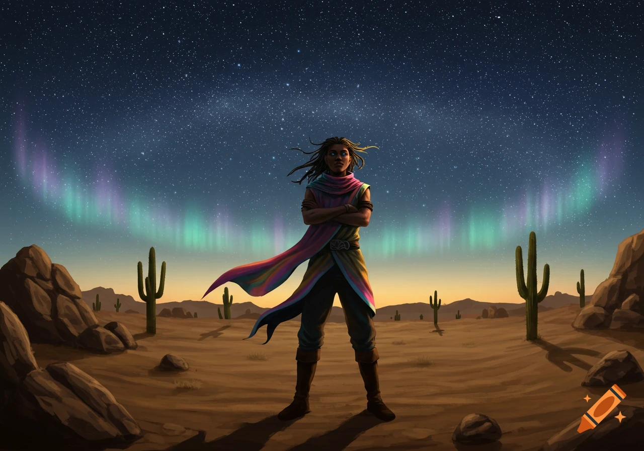 A person with dreadlocks and flowing scarf stands confidently in a desert with saguaro cacti under a starry sky with aurora borealis.