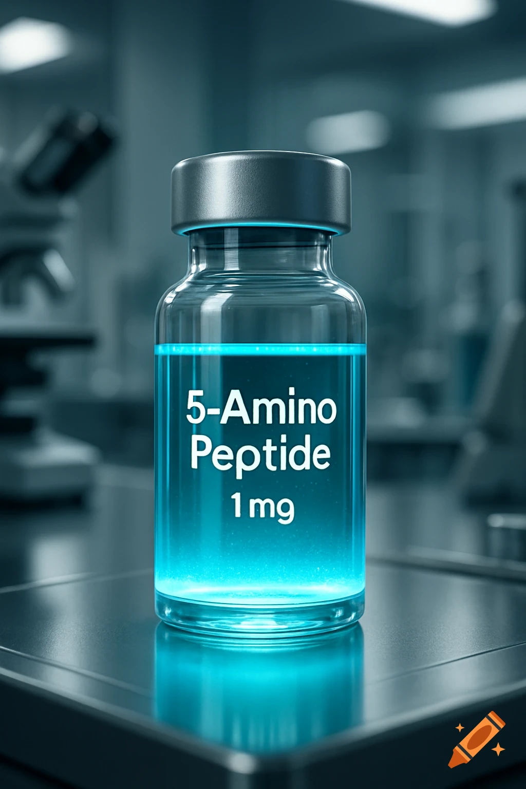 A photorealistic image of a glass vial filled with glowing blue liquid, labeled "5-Amino Peptide 1 mg", in a laboratory setting.