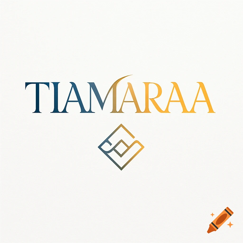 A logo for TIAMARAA with gradient blue and orange text and a stylized square symbol below.