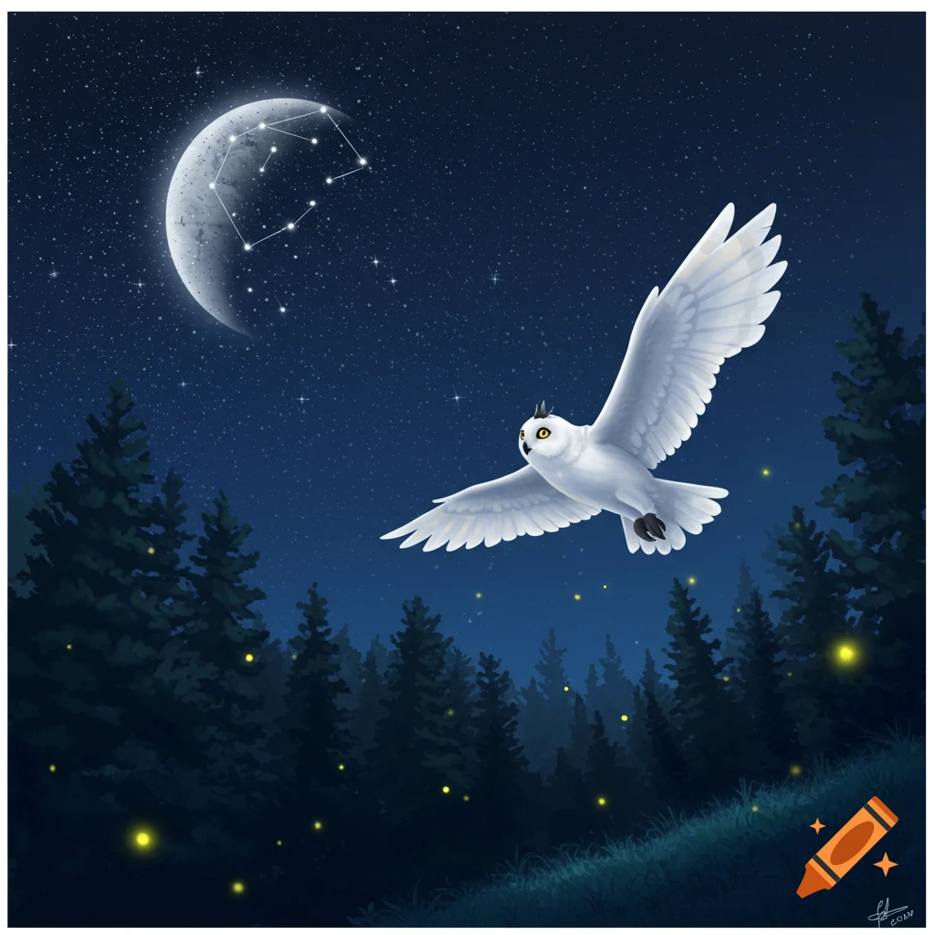 An illustration of a white owl flying over a dark forest at night under a crescent moon with a constellation and glowing fireflies.