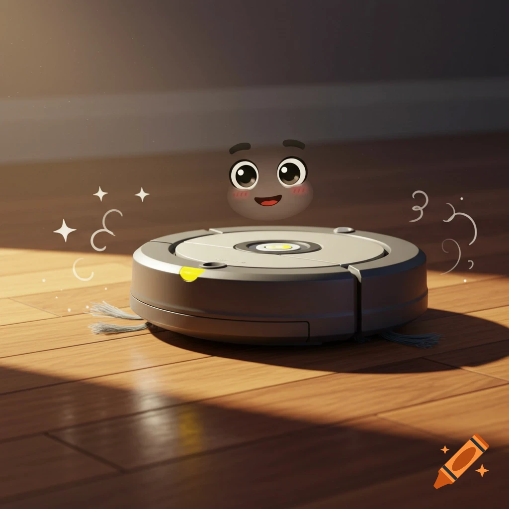 Cartoon robot vacuum cleaner with a smiling floating face, on a sunlit wooden floor with sparkle effects.