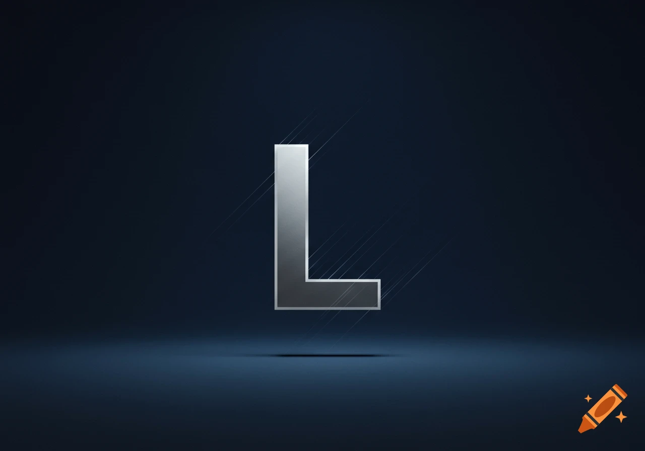 A shiny silver metallic letter 'L' stands on a reflective dark blue surface with subtle diagonal light streaks.