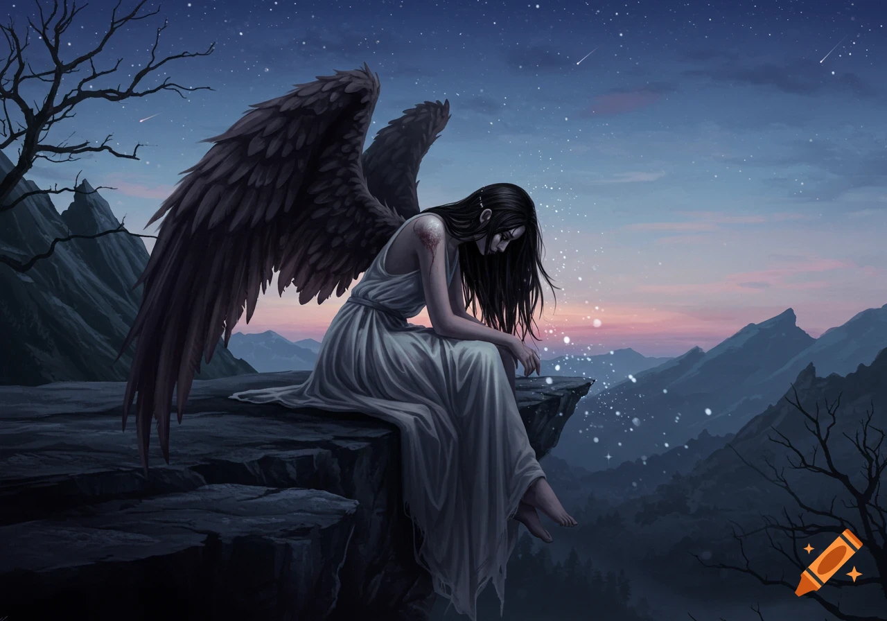 A melancholic fallen angel with large dark wings and long black hair sits on a rocky cliff edge, overlooking a vast mountain landscape at twilight under a starry sky.