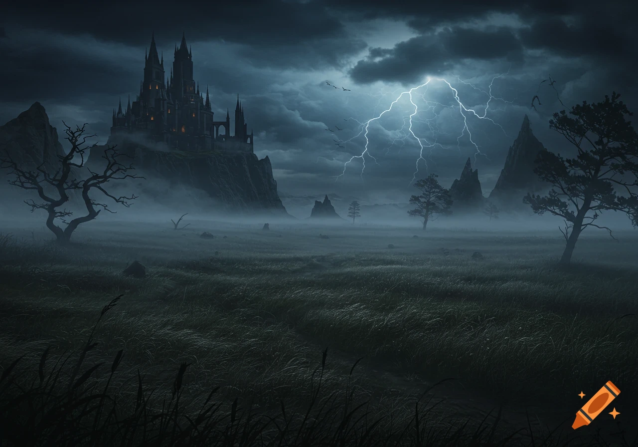 A dark fantasy landscape featuring a formidable castle on a hill, shrouded in mist under a stormy, lightning-filled sky.