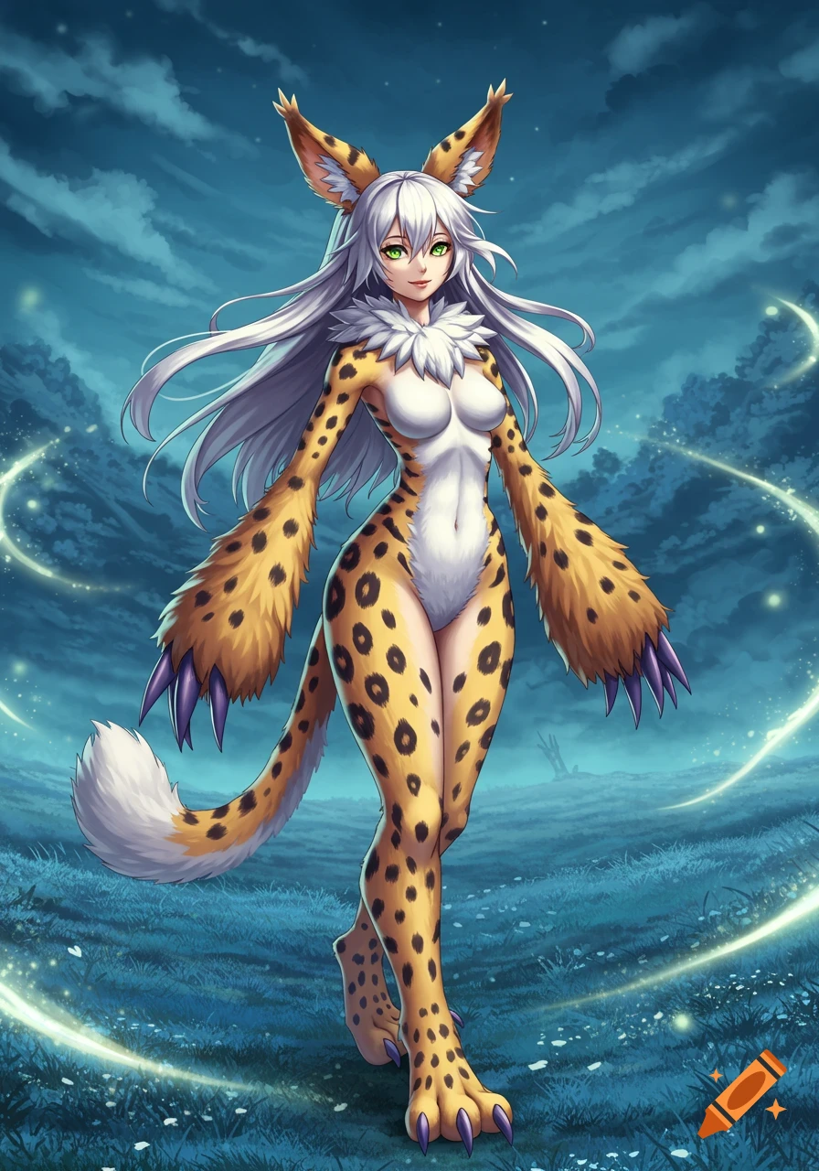 Anime cheetah monster girl with white hair stands in a magical twilight forest, green eyes glowing.