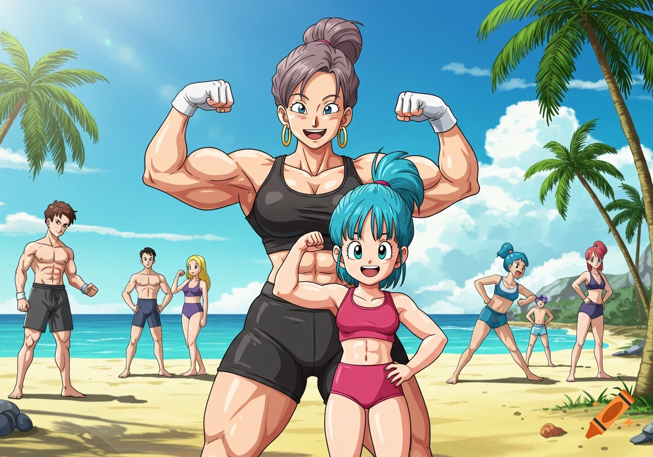 Anime characters, Bulma's mom and Bulma, flexing muscles on a sunny beach with other people.