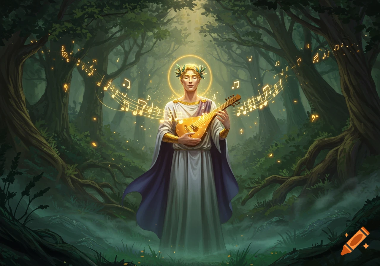 A mythical figure with a laurel wreath plays a golden lute in a mystical forest, surrounded by glowing musical notes. Digital art.