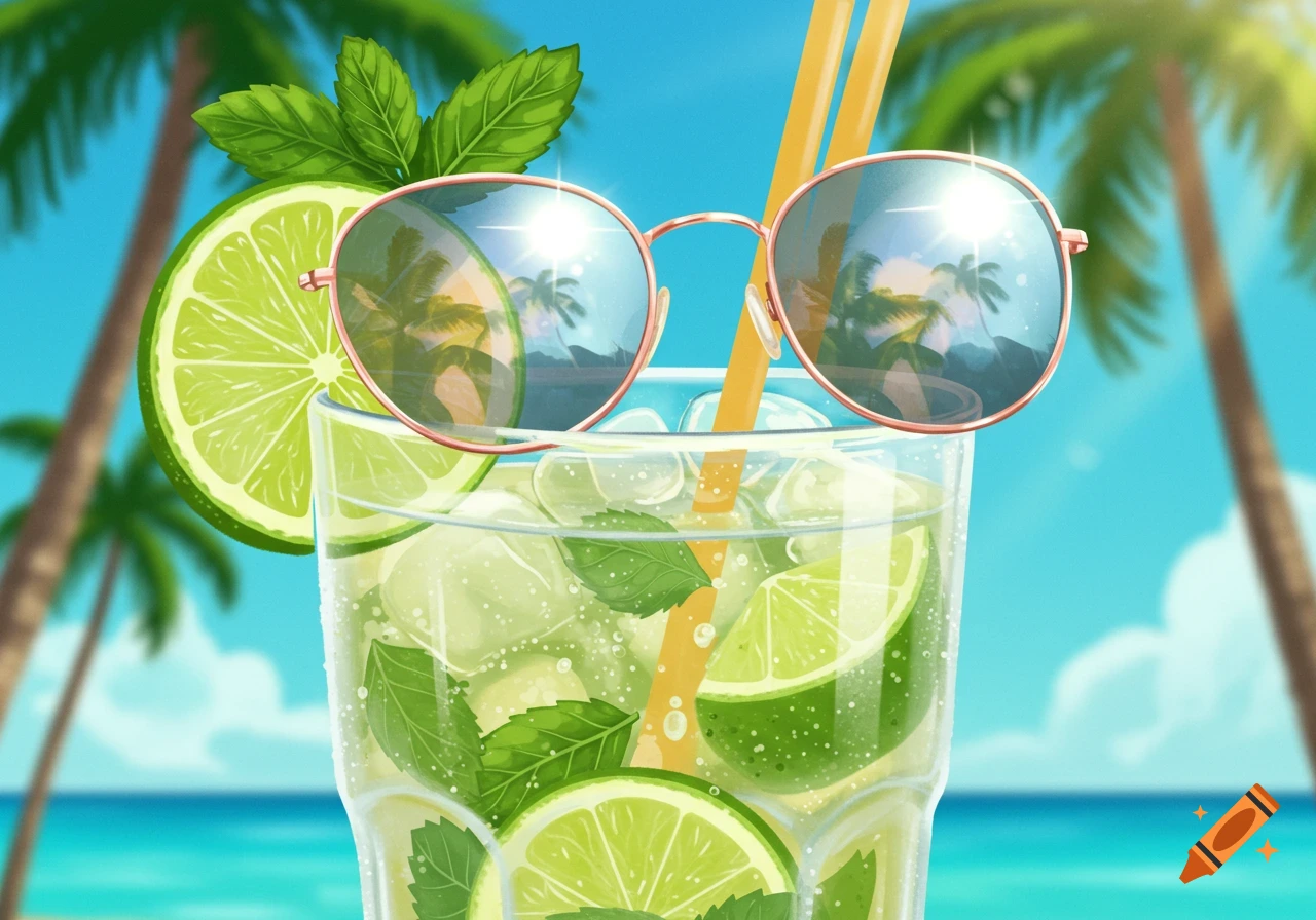 A refreshing mojito cocktail with lime, mint, and ice, with pink sunglasses on the rim, set against a bright tropical beach with palm trees.