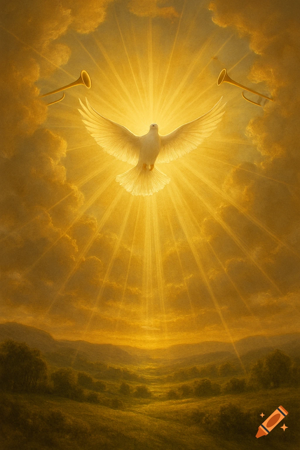 A radiant white dove with outstretched wings flies amidst golden light rays from heaven, with trumpets in the clouds over a serene landscape.
