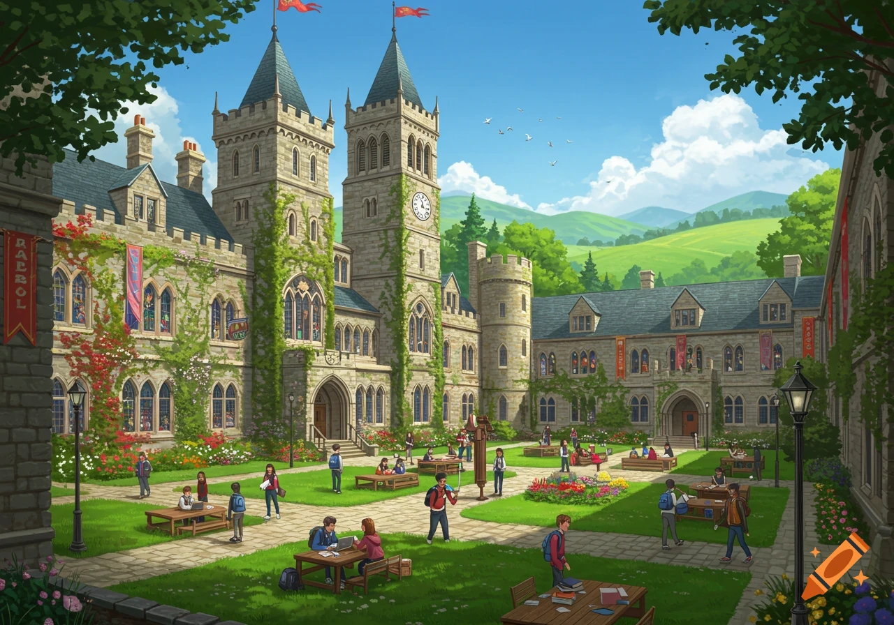 An illustration of a large stone castle-like high school with students in a sunny courtyard. The campus has two prominent towers, red banners, green ivy, and flower beds.
