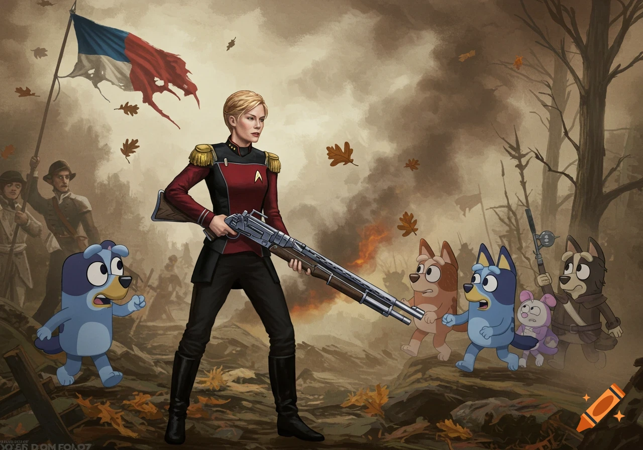 Captain Janeway in Starfleet uniform holds a large rifle, standing with Bluey and other cartoon dog characters in a war-torn landscape under a tattered flag.