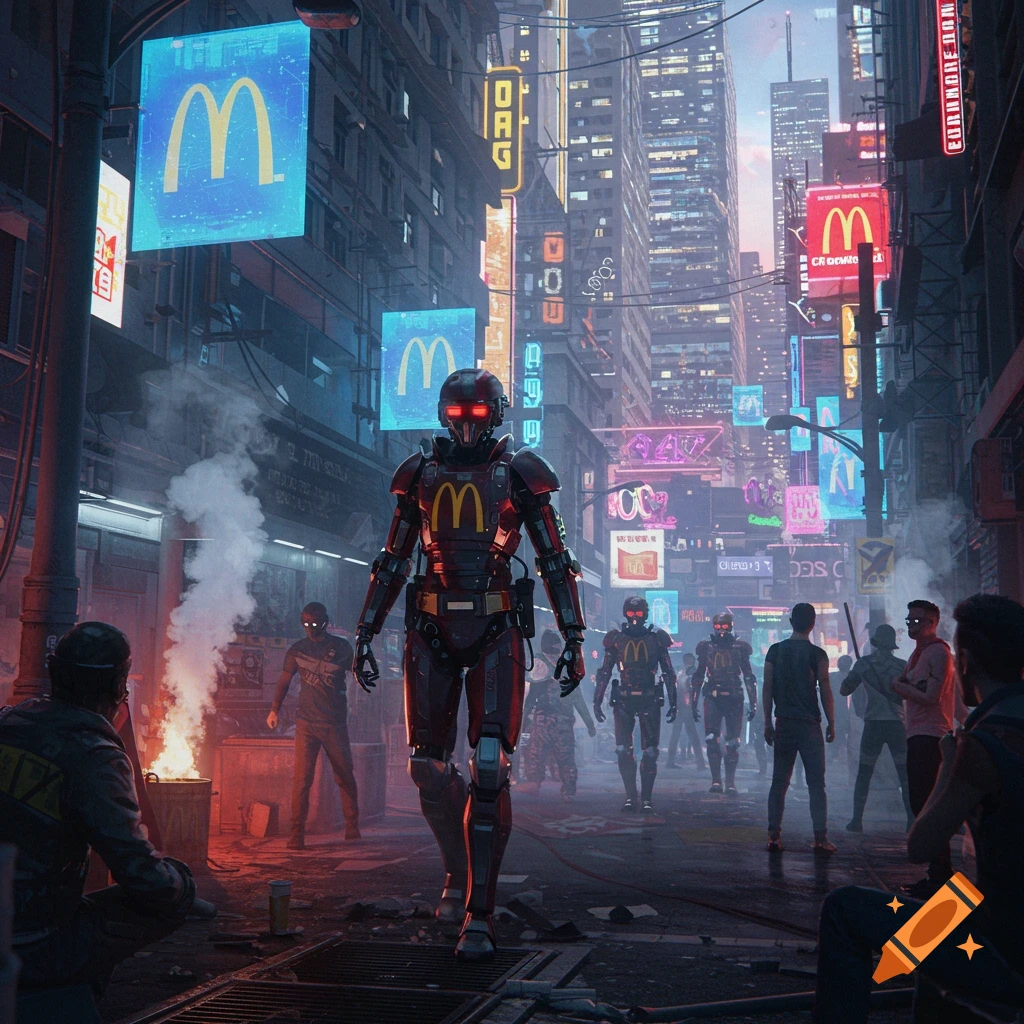 A dark, futuristic city street with neon signs. McDonald's branded robots patrol while people watch, some gathering near a fire.
