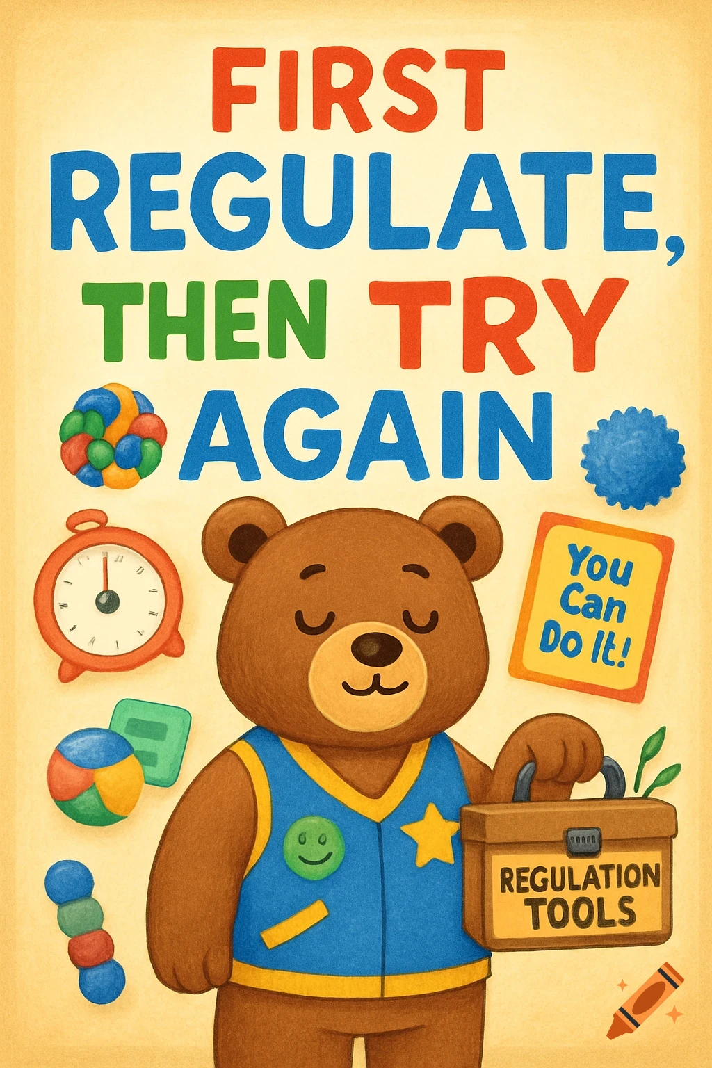 A cartoon classroom poster with a calm brown bear wearing a blue vest, holding a "REGULATION TOOLS" toolbox. Text reads "FIRST REGULATE, THEN TRY AGAIN" and "You Can Do It!". Colorful items surround the bear.
