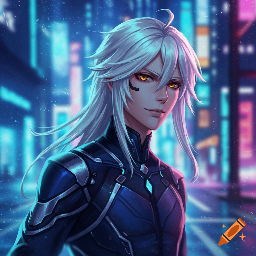 An anime-style man with long white hair, amber eyes, and a futuristic dark blue suit, standing in a neon-lit city.