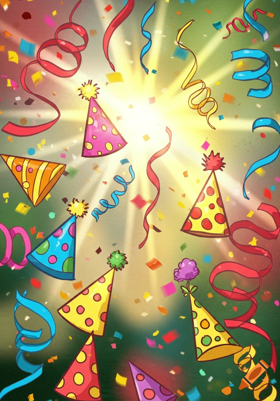 A vibrant illustration of colorful party hats, streamers, and confetti against a radiant background.