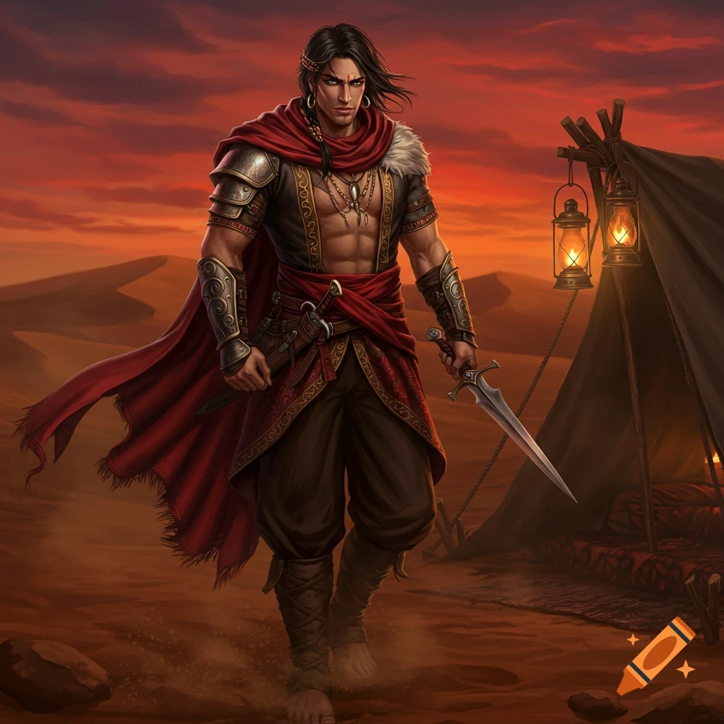A male fantasy warrior with a red cape, bare chest, and sword stands in a desert camp at sunset.