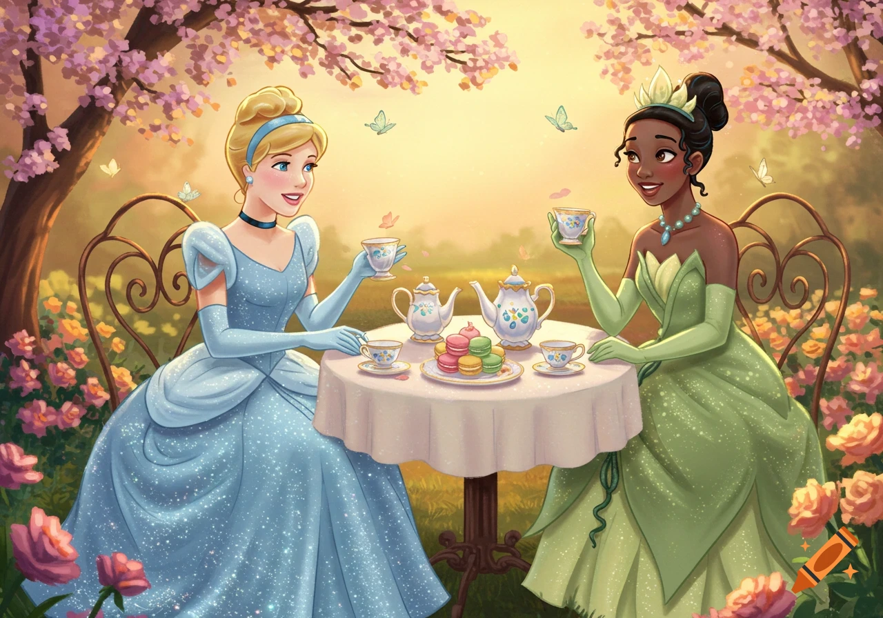 Illustrated Disney princesses Cinderella and Tiana enjoying an outdoor tea party amidst cherry blossoms and roses.