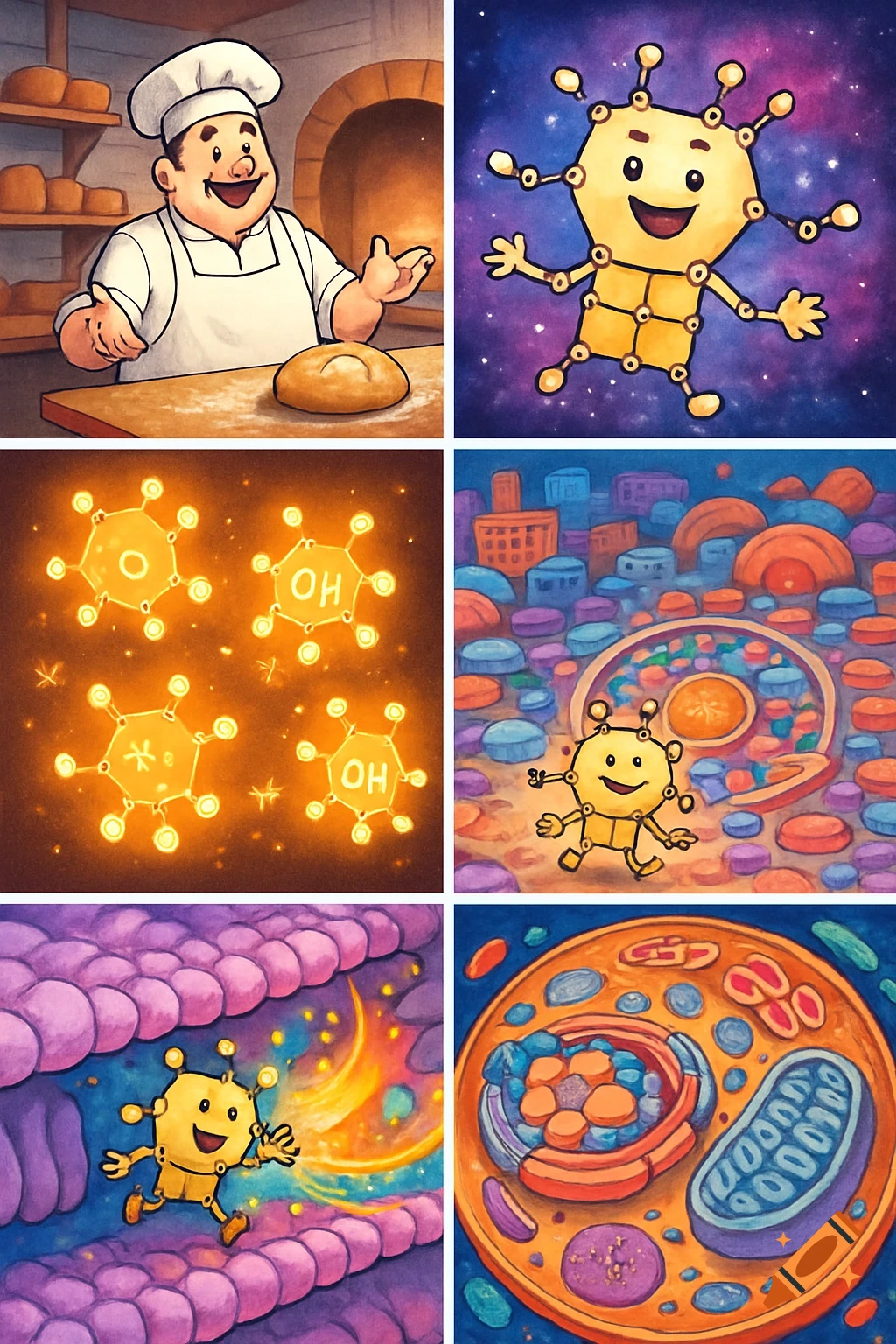 Six cartoon panels depicting a carbohydrate's story, including a baker, a molecule character, OH chemical groups, and cell structures.