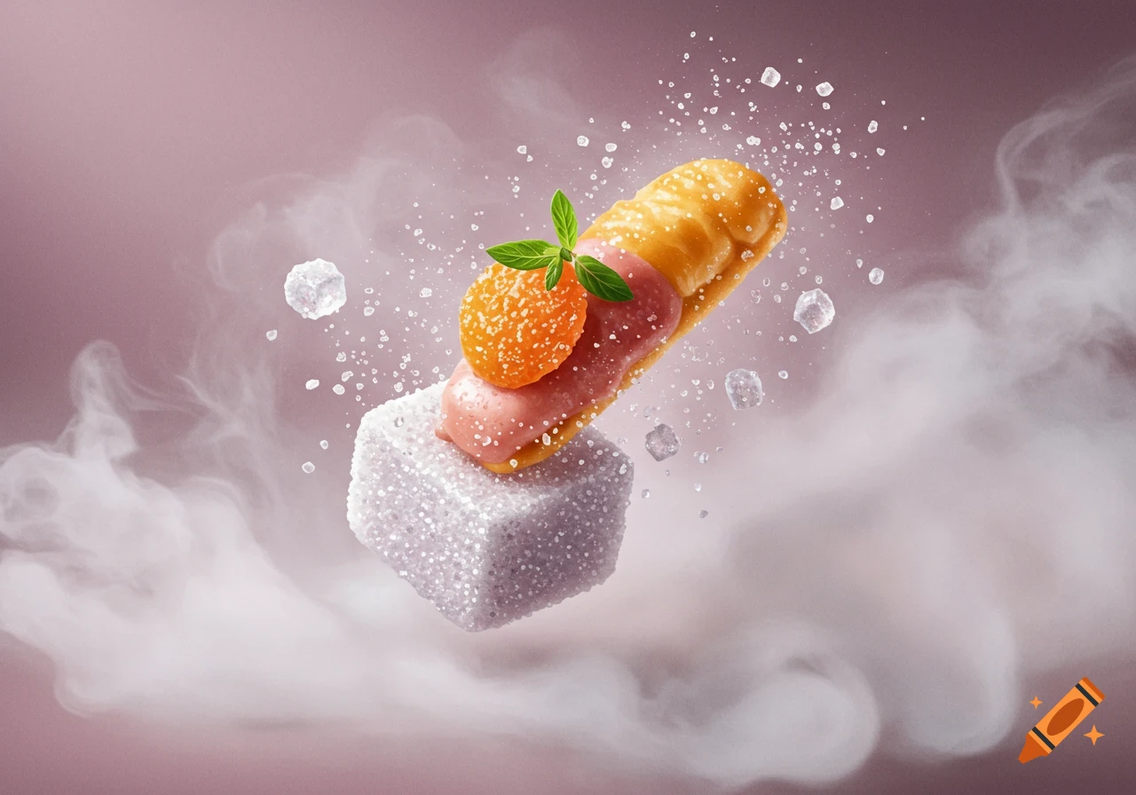 A pastry with pink frosting and an orange candy, topped with mint, balances on a sparkling sugar cube amidst ice shards and vapor.