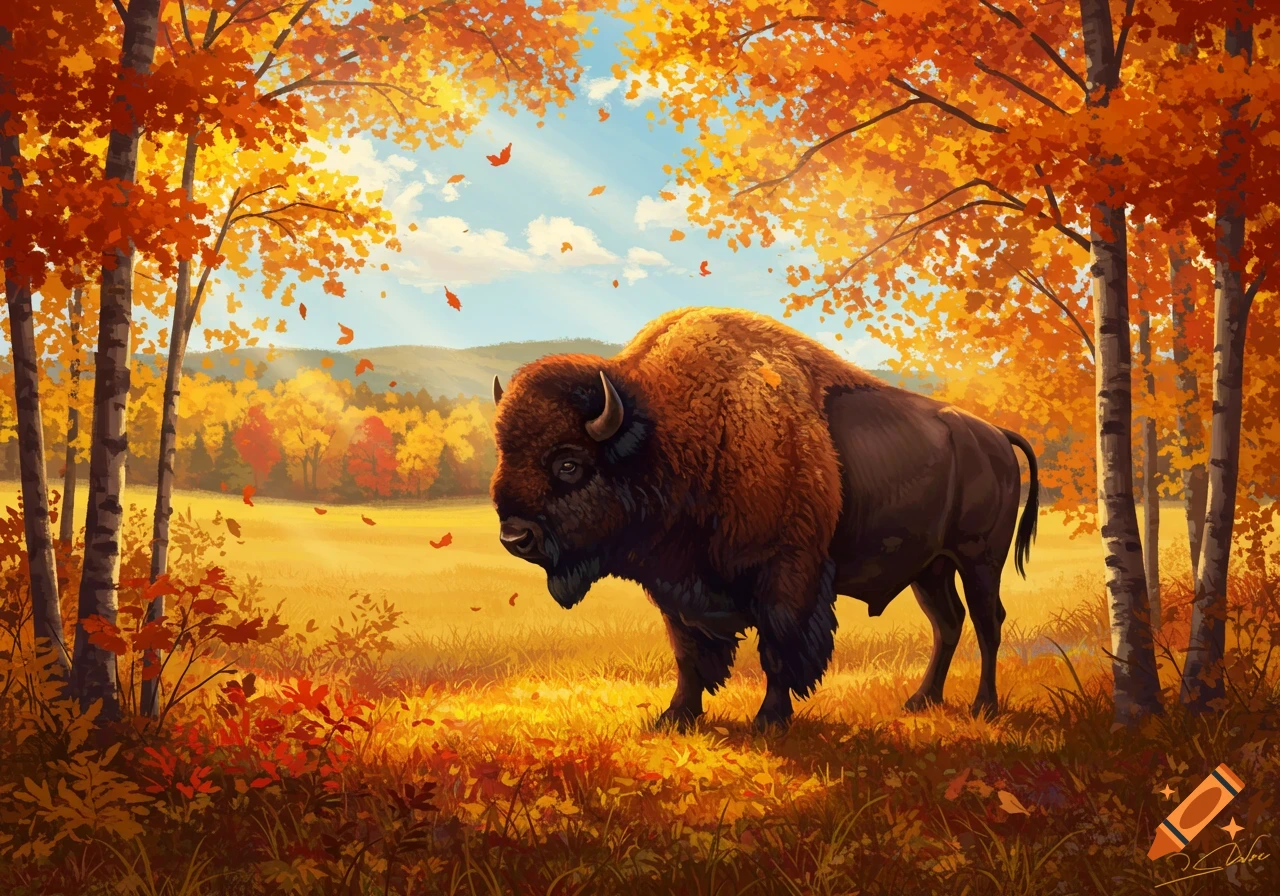 A large brown bison stands in a golden field surrounded by vibrant orange and yellow autumn trees under a blue sky.