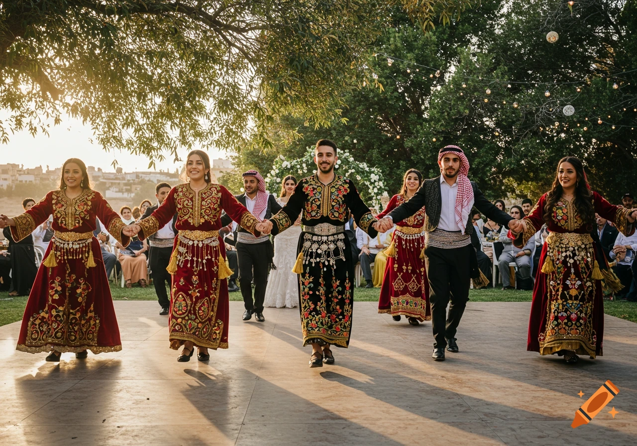Palestinian men and women in colorful folk costumes dancing dabke at an outdoor traditional wedding, photorealistic style.