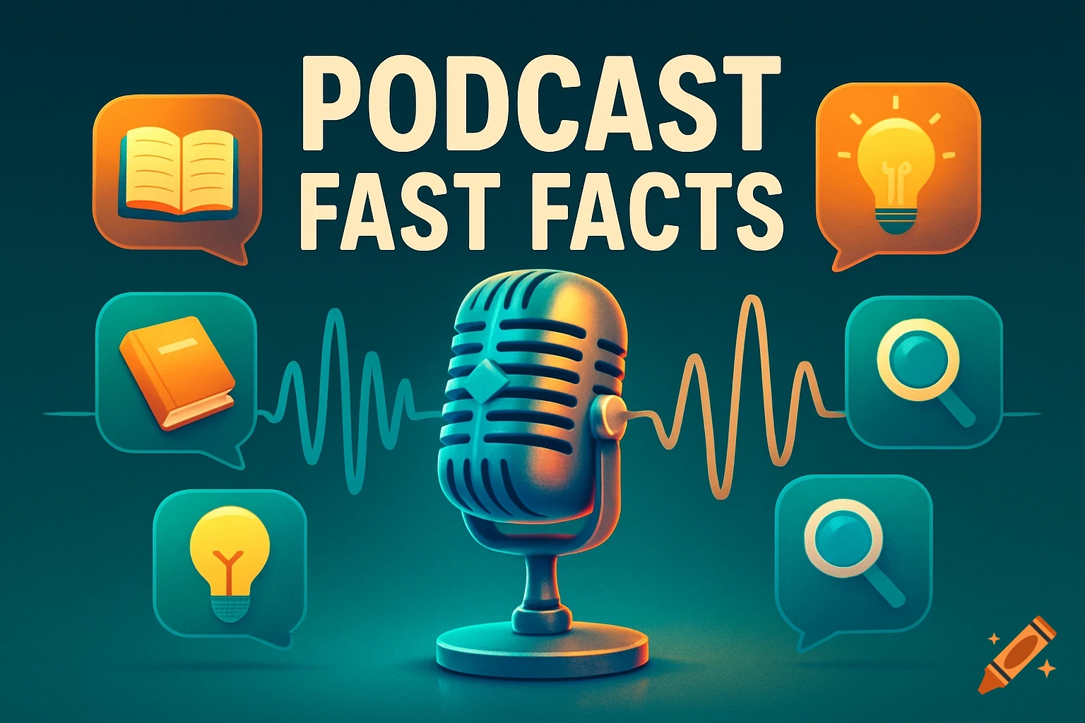 A stylized illustration of a podcast microphone with speech bubbles containing icons for a book, lightbulb, and magnifying glass, and the text 'PODCAST FAST FACTS'.