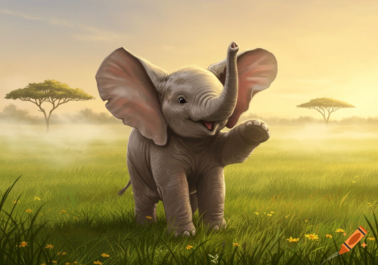 A happy cartoon baby elephant raises its trunk in a grassy savanna with trees in the foggy distance at sunrise.