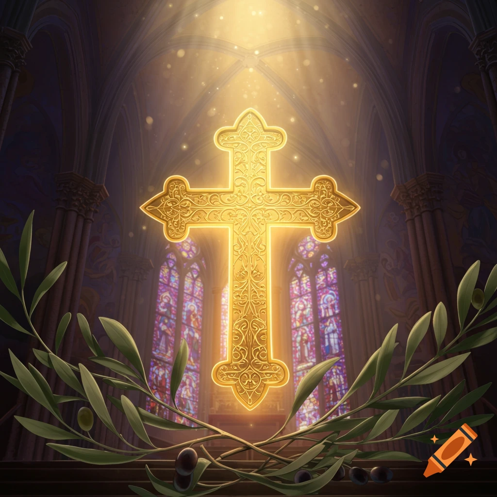 A radiant golden cross in a grand cathedral with stained glass and olive branches, illuminated by heavenly light.