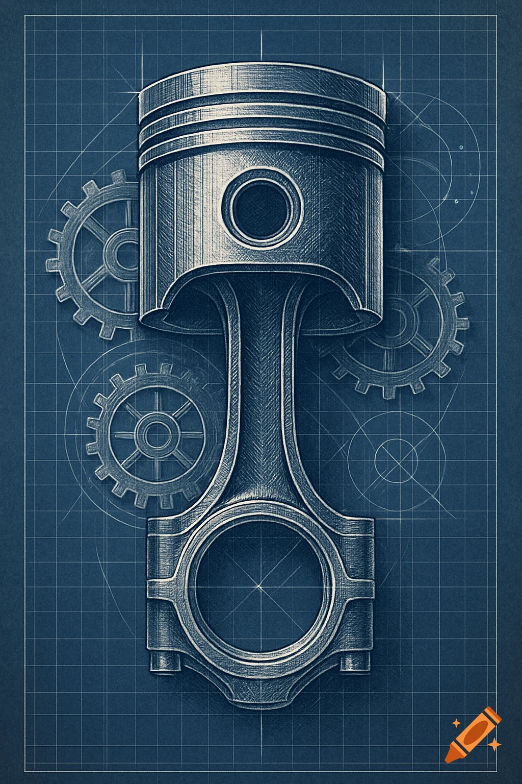 A detailed blueprint-style illustration of an engine piston with gears in the background on a grid.