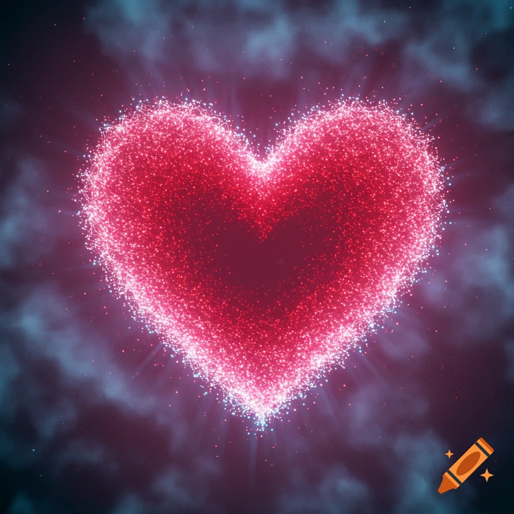 A bright red glowing heart made of sparkling particles against a dark, smoky background.