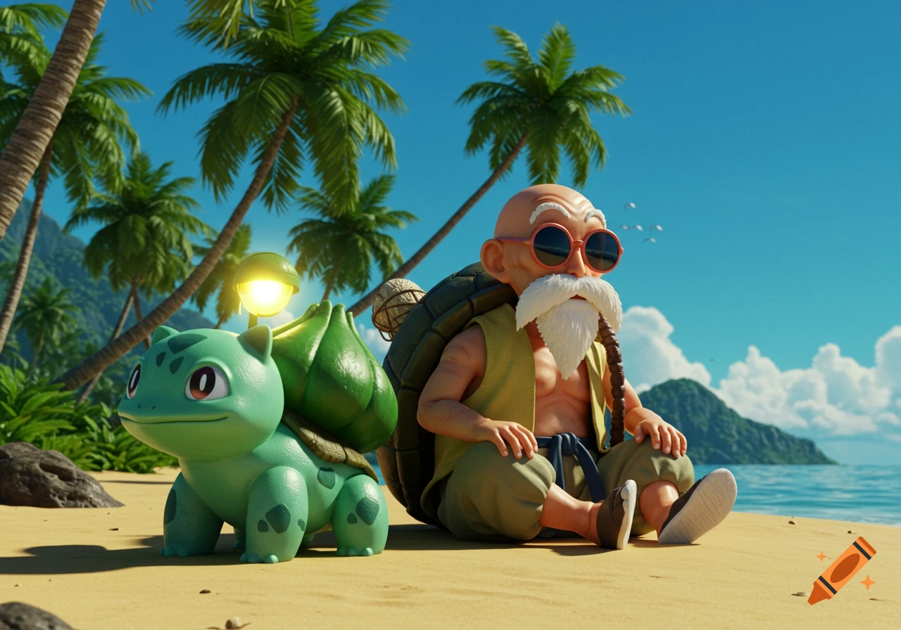 Hyper-realistic Bulbasaur and Master Roshi on a sunny tropical beach with palm trees.