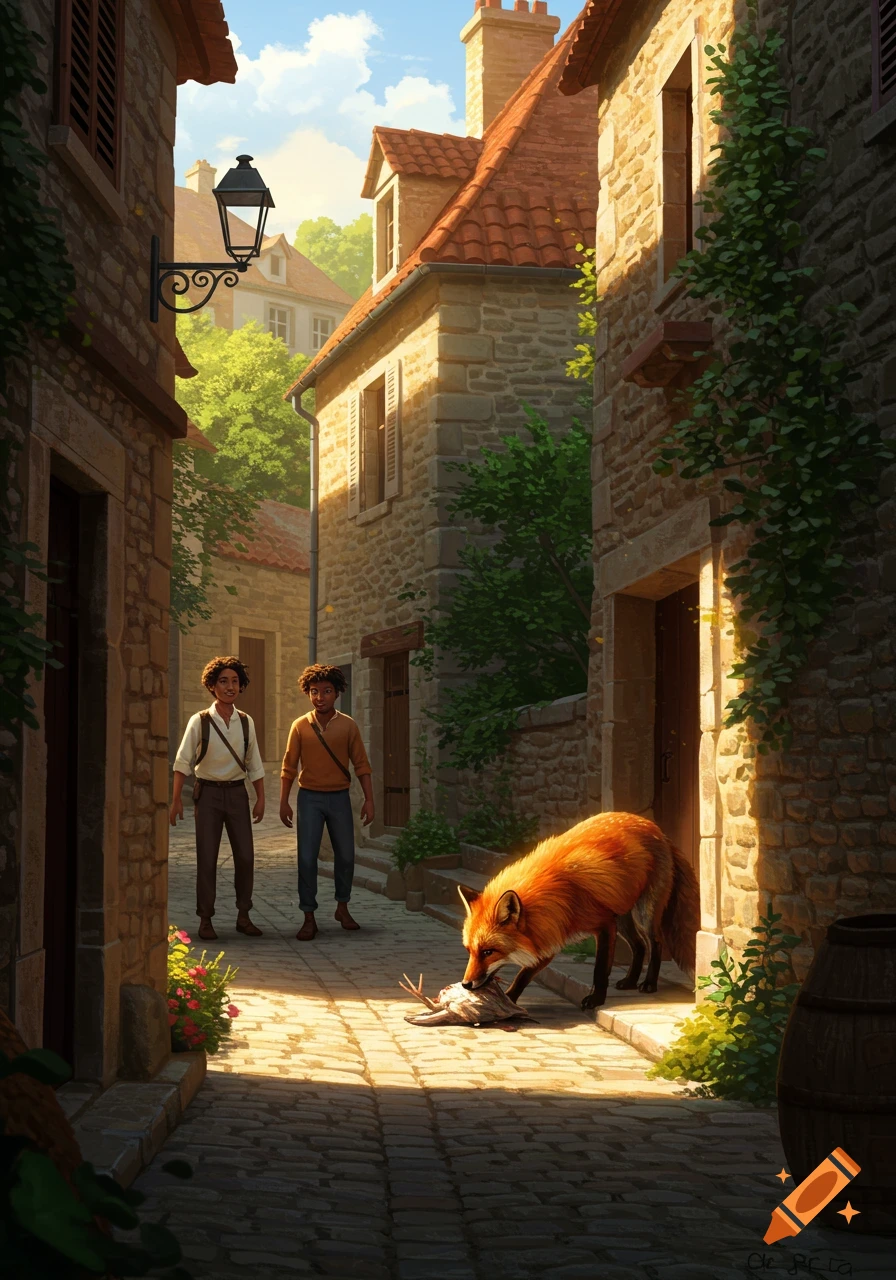 Two boys watch a fox eating a bird on a sunny cobbled street in an old stone village, digital painting.