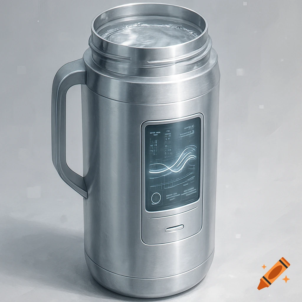 A metallic smart thermos bottle filled with water, featuring a glowing screen displaying data and graphs.