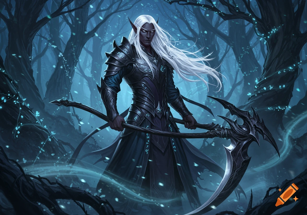 A dark elf with long white hair, clad in black armor, holds a scythe in a glowing blue mystical forest.
