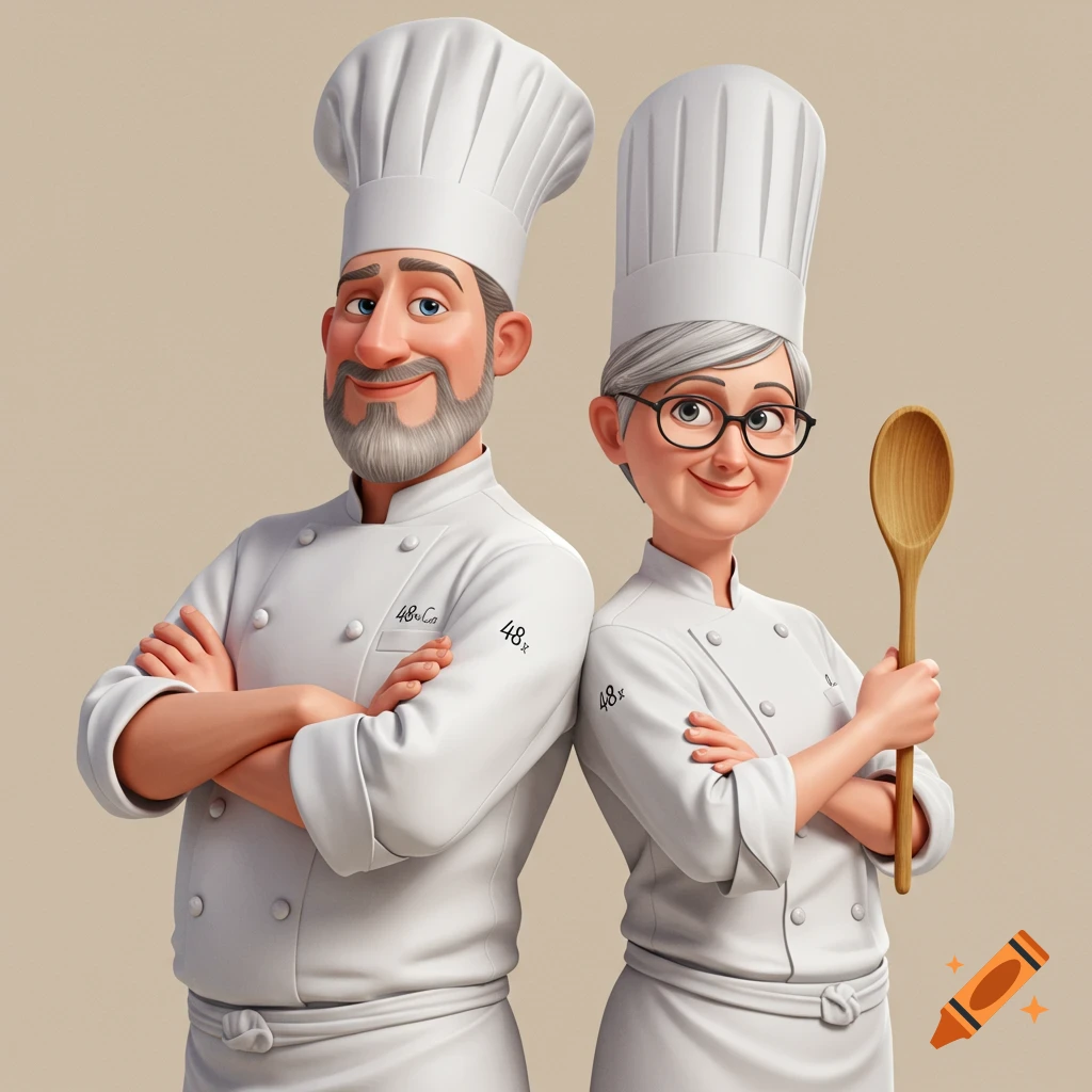 A cartoon man and woman, both chefs in white uniforms and hats, stand back to back. The woman holds a wooden spoon.
