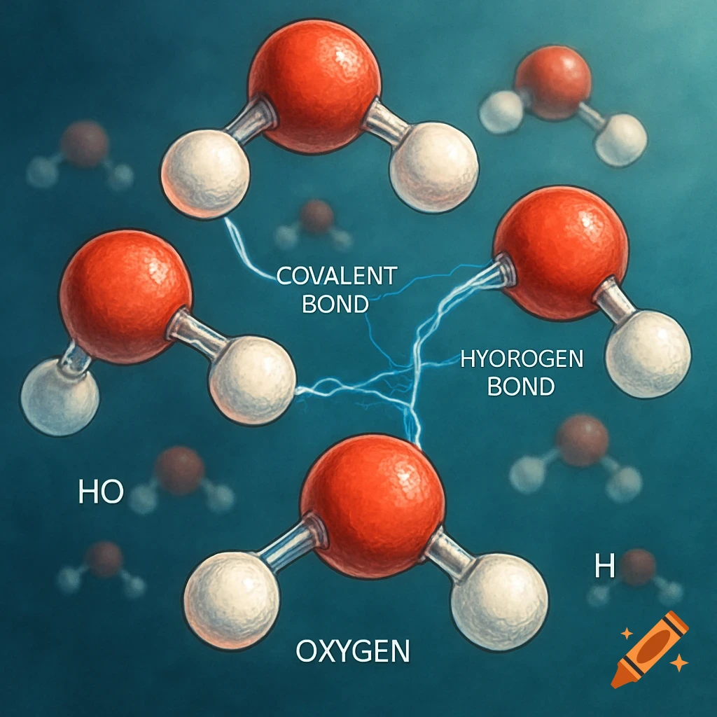 A scientific diagram illustrating water molecules, showing red oxygen atoms bonded to white hydrogen atoms. Covalent and hydrogen bonds are labeled, along with individual oxygen and hydrogen atoms, but also an incorrect "HO" label.