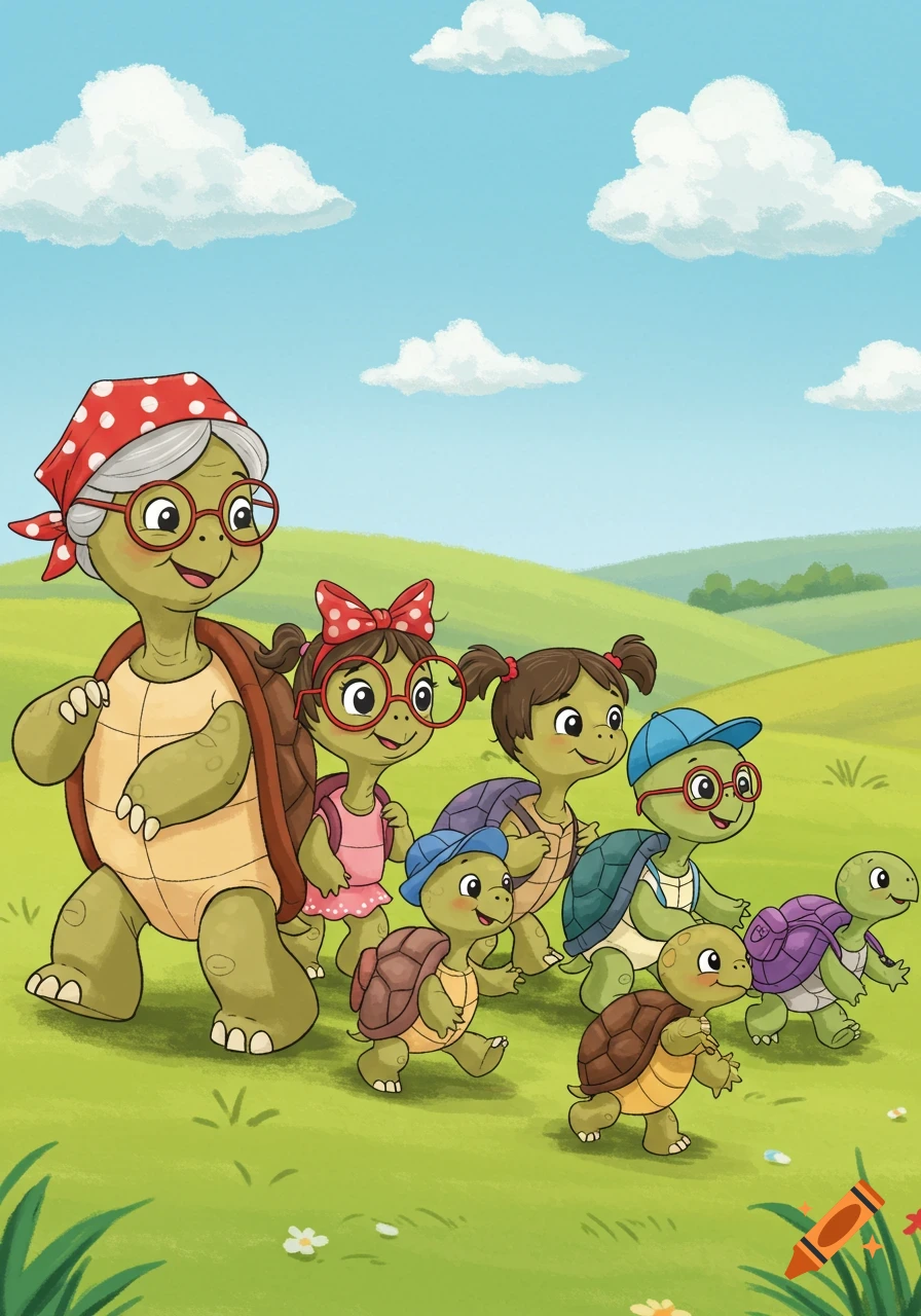 A cheerful grandma turtle with a red headscarf and glasses leads a line of six smiling grand-turtles through a sunny green field.