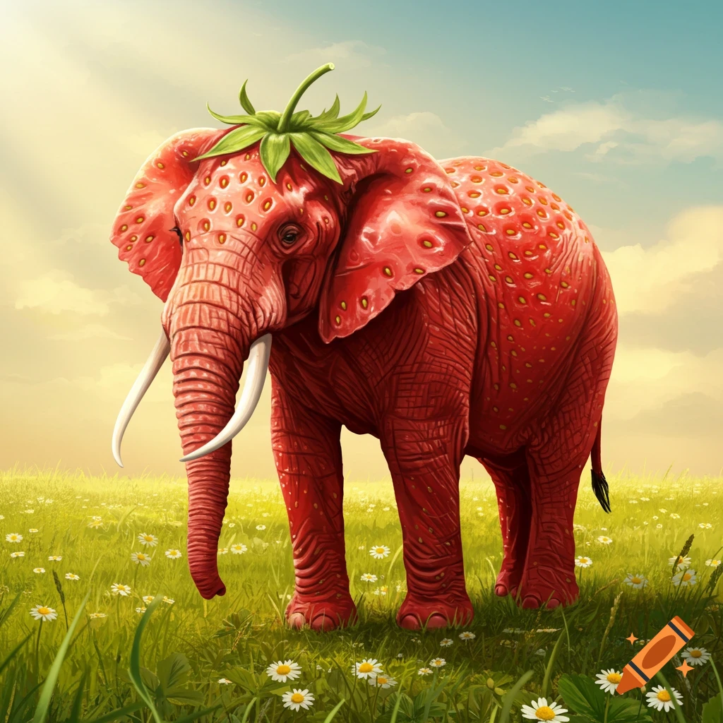 A whimsical red elephant with strawberry skin and a leafy cap stands in a sunny field of grass and white flowers.
