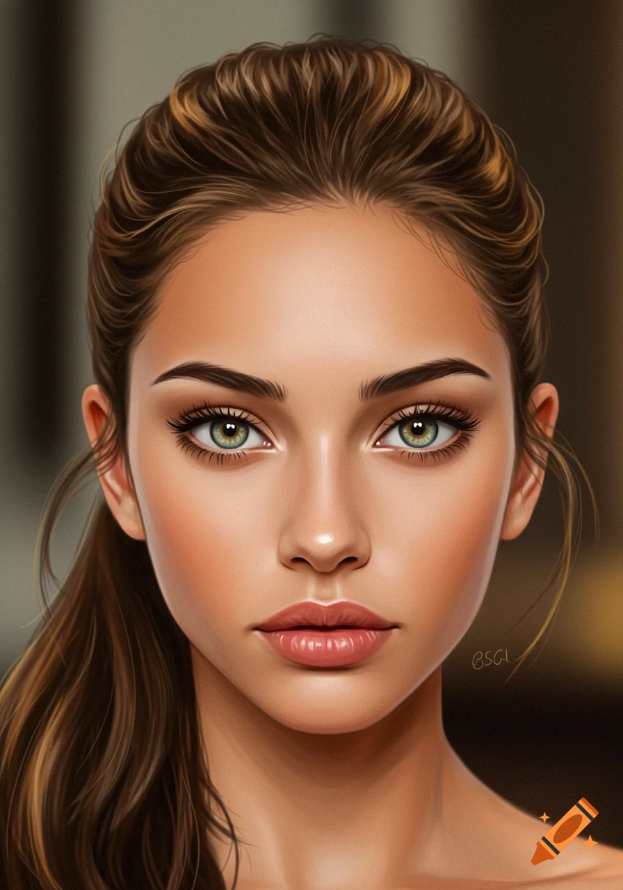 Digital painting portrait of a woman with light skin, green eyes, long eyelashes, and brown hair in a high ponytail.