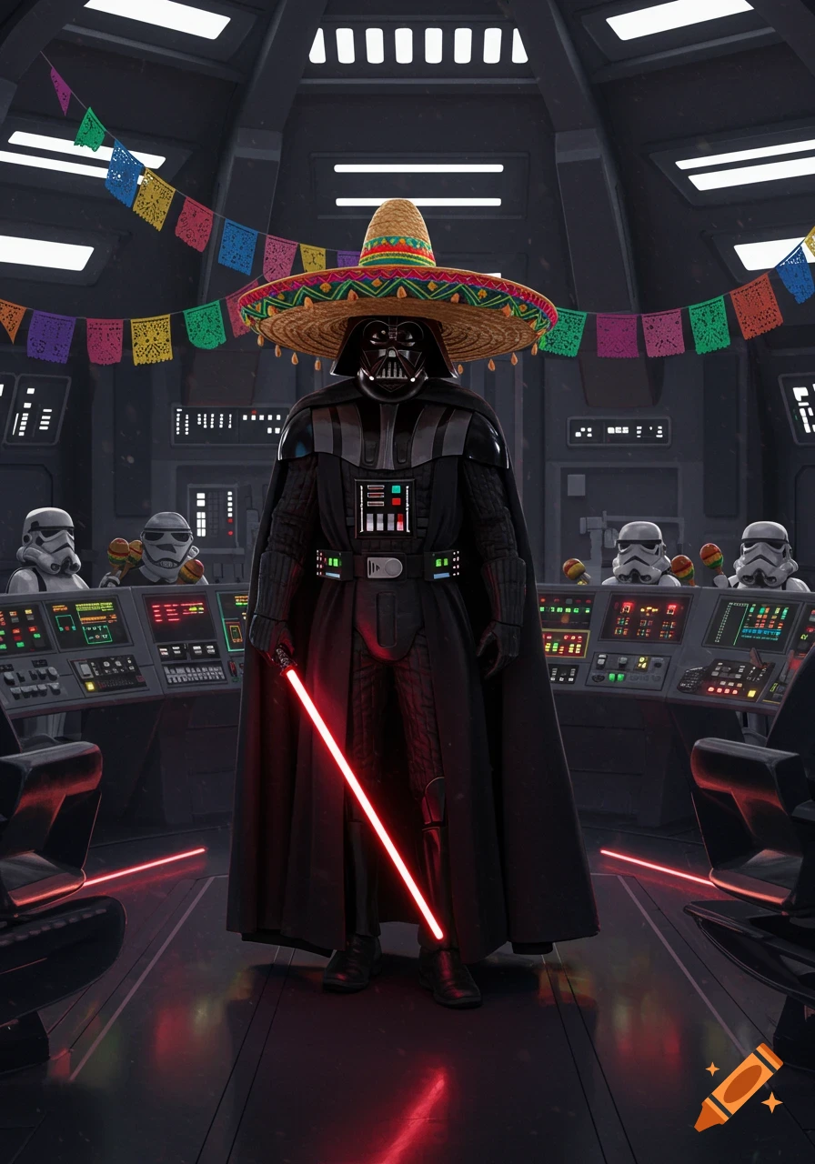 Darth Vader in a sombrero with a lightsaber on the Death Star bridge, decorated with colorful Cinco de Mayo banners, with Stormtroopers.