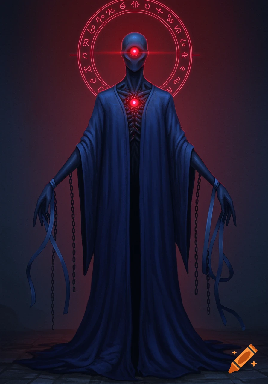 A dark robed humanoid with glowing red eyes and chest, ethereal chains, and red mystical sigils behind it in a dark fantasy art style.