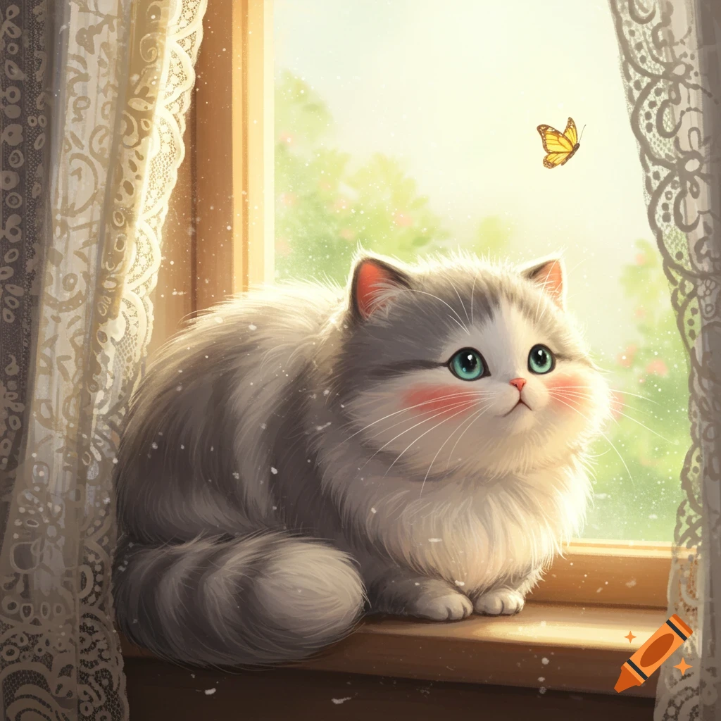 A fluffy grey and white cartoon cat with rosy cheeks sits on a sunlit windowsill, looking up at a yellow butterfly outside.