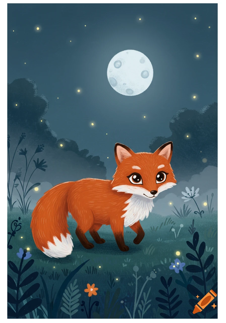 A cute cartoon orange fox with big eyes and a bushy tail walks through a grassy field at night under a full moon, with fireflies glowing.