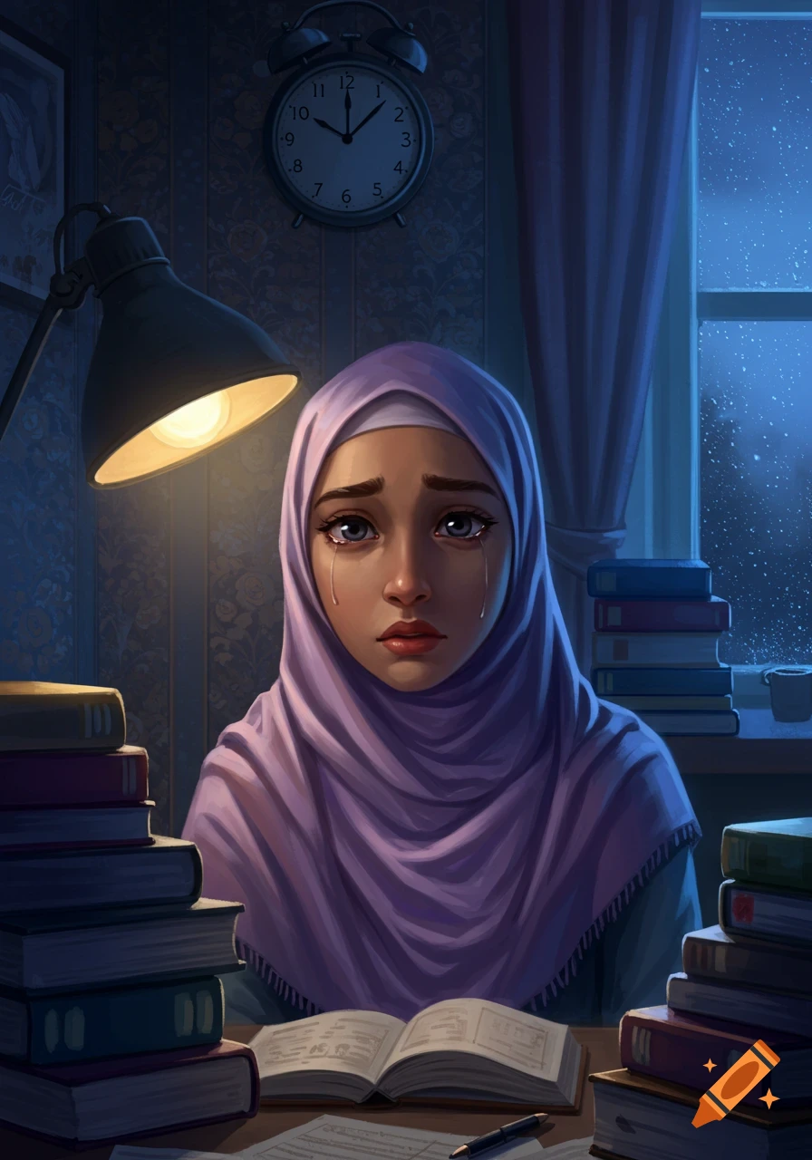 A crying girl in a purple hijab studies at night, surrounded by books and papers, under a desk lamp, with an alarm clock on the wall.