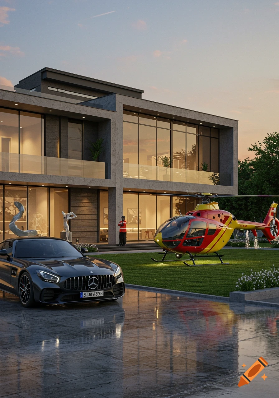 A photorealistic image of a modern mansion with a black Mercedes AMG GT and a red and yellow rescue helicopter on the lawn during sunset.