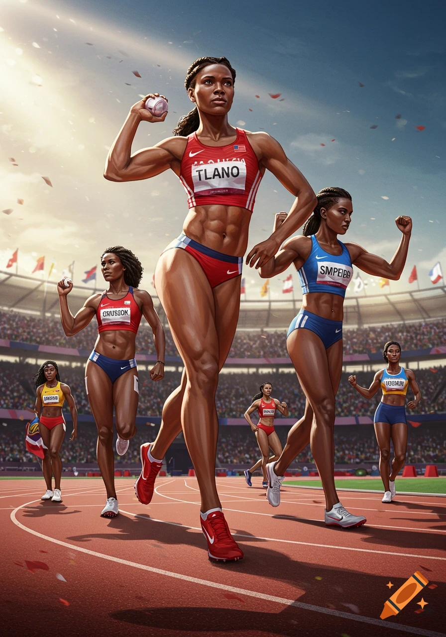 Muscular female athletes in red and blue uniforms competing in a track and field stadium, one holding a shotput.
