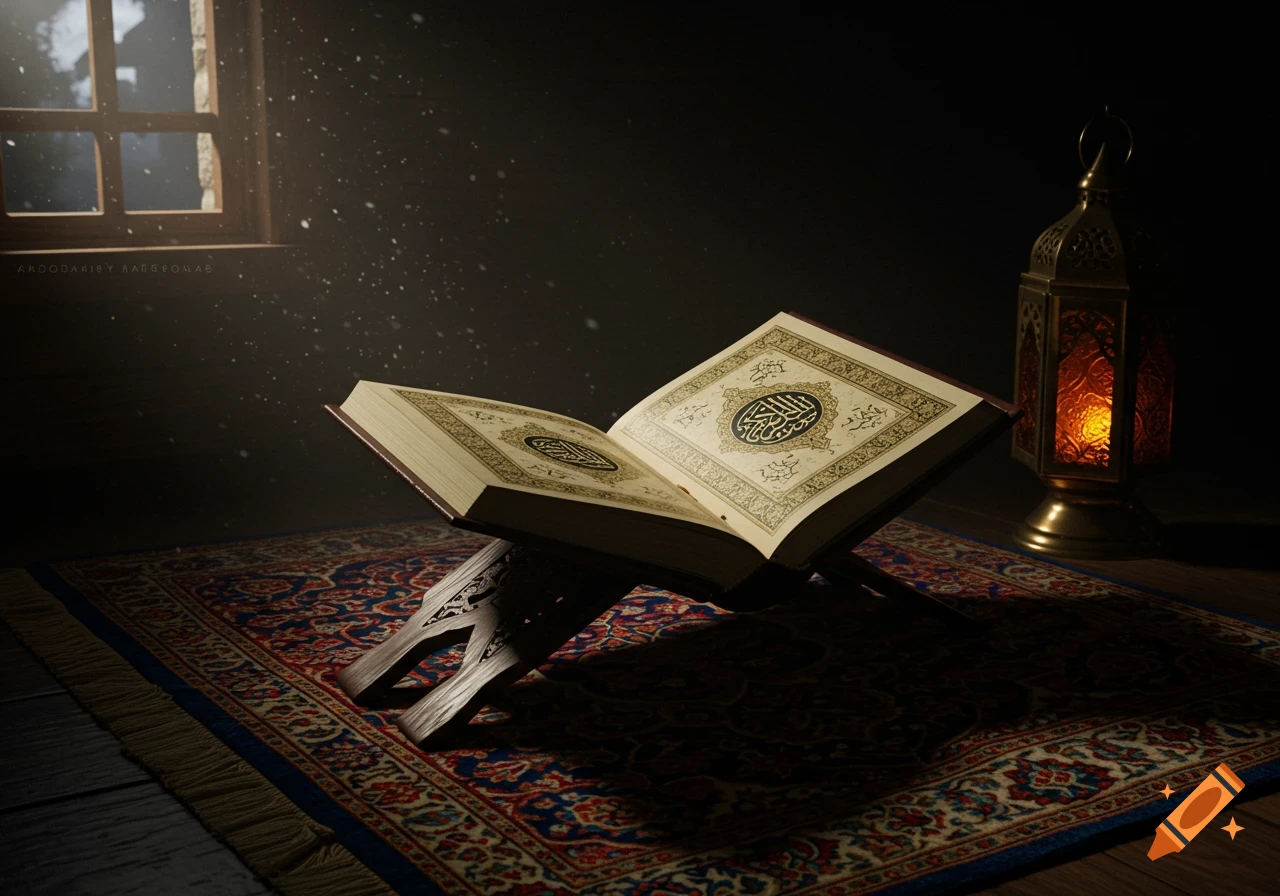 An open Quran on a wooden stand sits on an ornate prayer rug in a dimly lit room, illuminated by light from a window and a glowing lantern.