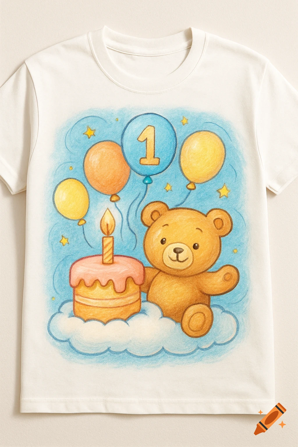 Children's illustration on a white t-shirt featuring a teddy bear, birthday cake with a candle, and balloons with the number '1' on a cloud.