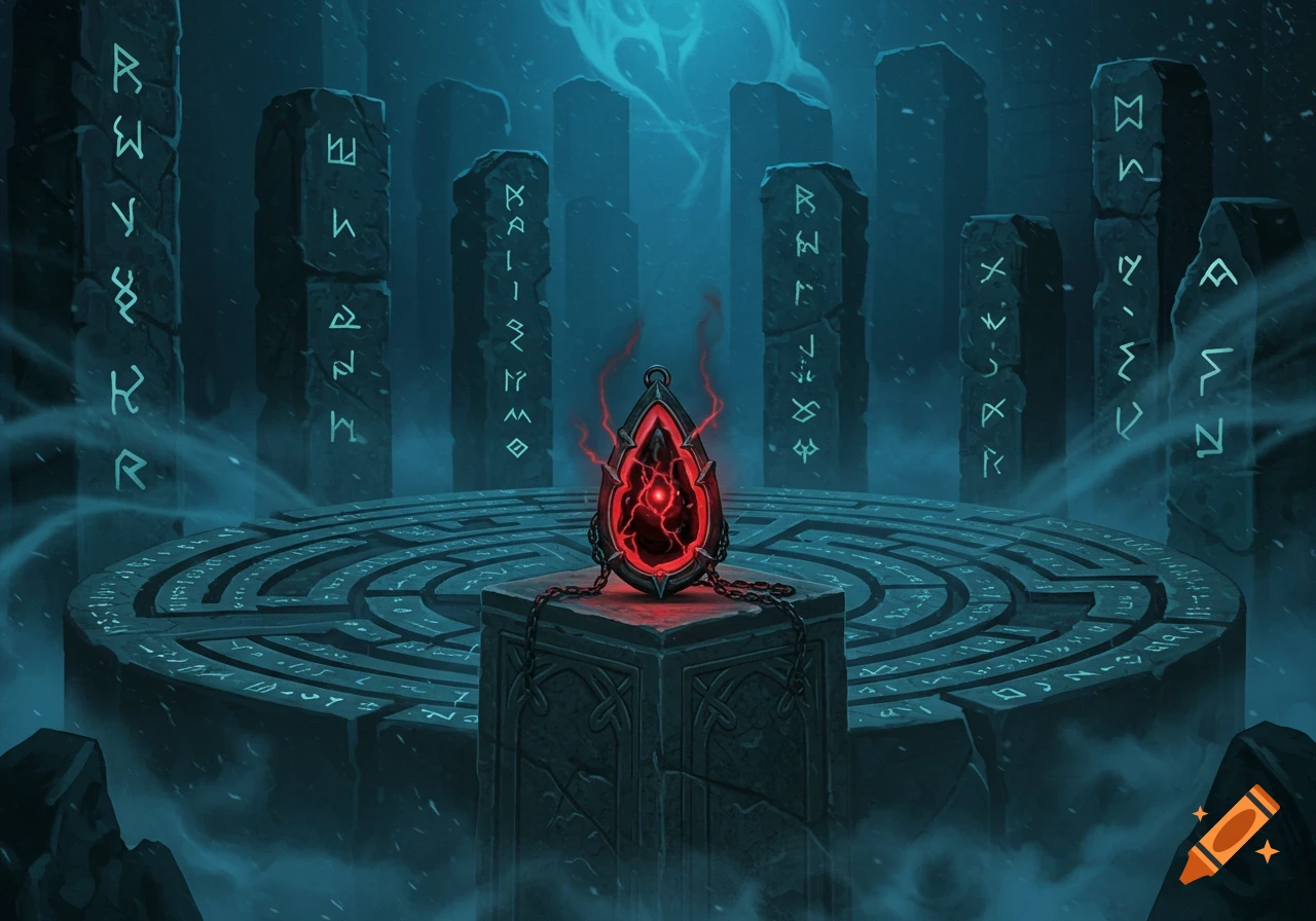 A glowing red gothic artifact on a pedestal in a misty, runic labyrinth surrounded by stone pillars in dark fantasy art.
