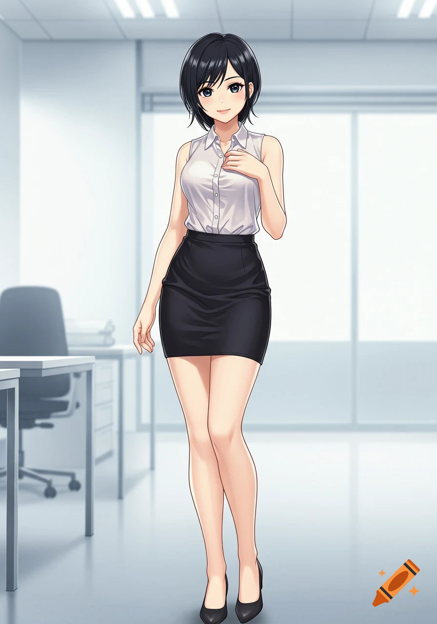 Anime illustration of a young woman with short black hair, wearing a white sleeveless blouse and black mini skirt, standing in a bright office.